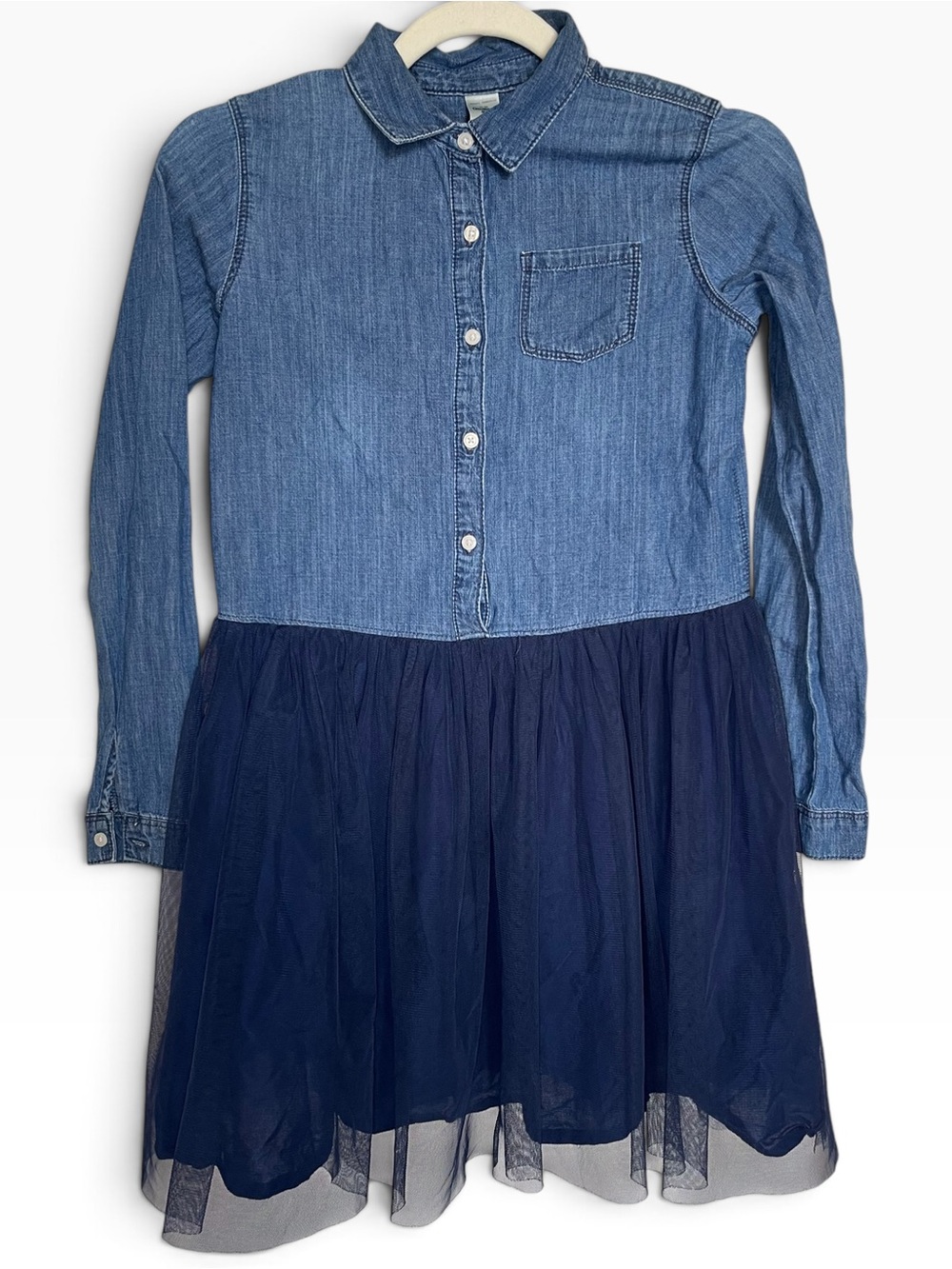 OshKosh Girls Denim Tulle Long Sleeve Button Down Shirt Dress Sz 14/14A